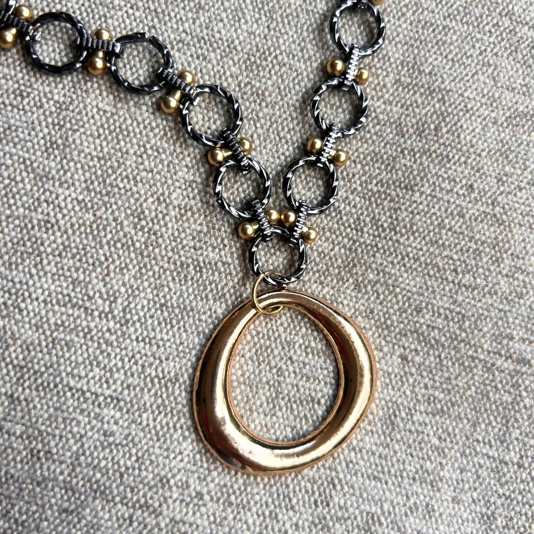Golden Ring - Gunmetal Mixed Chain with a Gold Ring Pendant