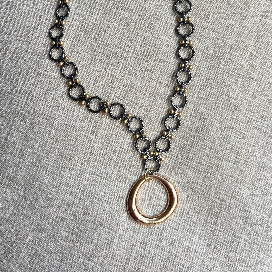 Golden Ring - Gunmetal Mixed Chain with a Gold Ring Pendant